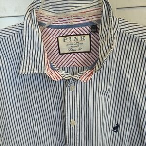 PINK Thomas Pink Men's Navy Striped Button-up Shirt Large GREAT Condition